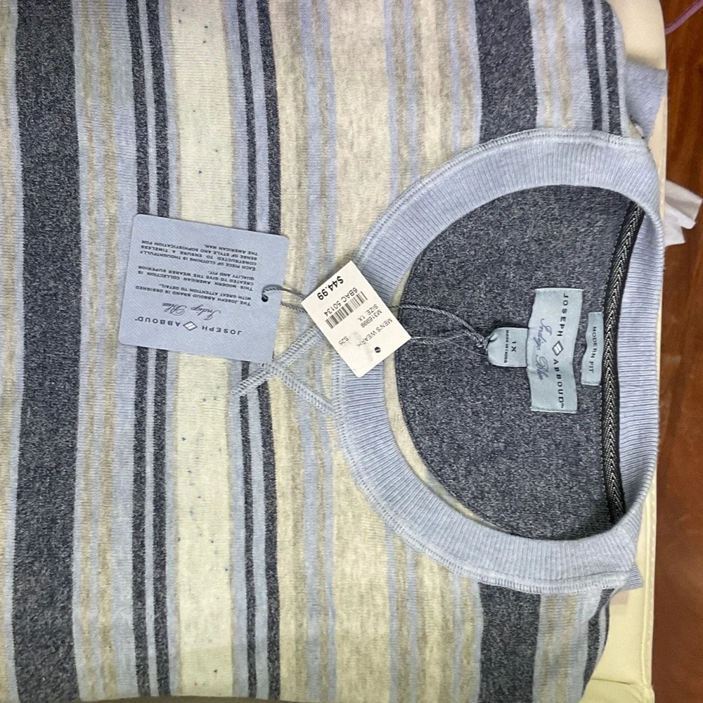 Joseph Abboud Light Blue, Gray & Cream Striped Crewneck Sweater